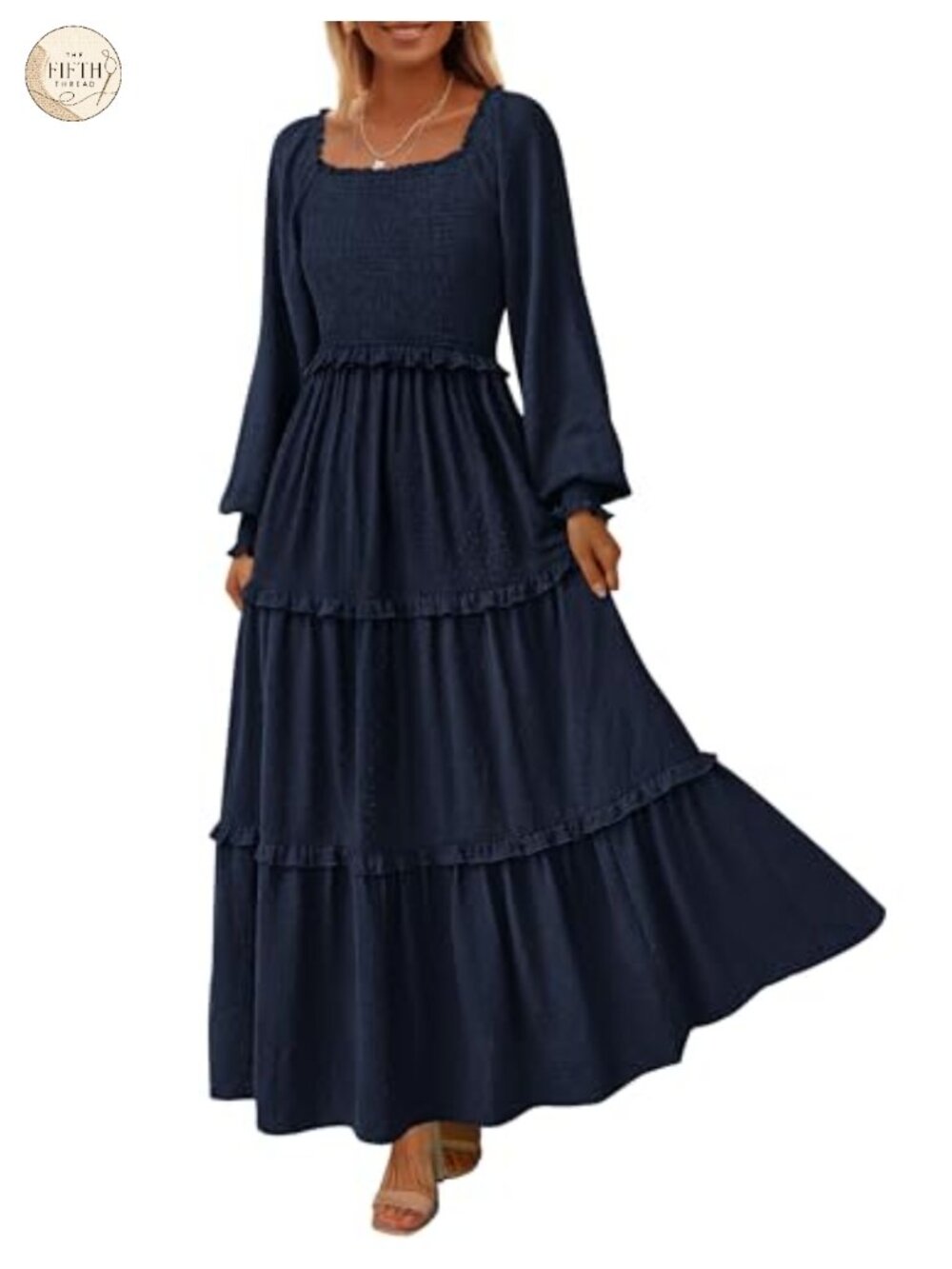 Women's Smocked Long Sleeve Maxi Dress with Pockets Swiss Dot Ruffle